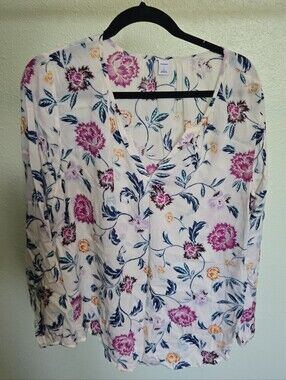 Old Navy Cream Floral V-Neck Blouse with Pink & Blue Prints